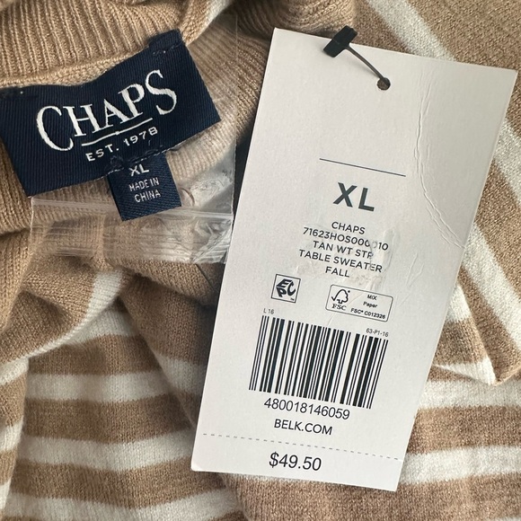 NWT CHAPS RALPH LAUREN Women’s Tan and White Turtle Neck Striped Sweater size XL - Picture 8 of 8